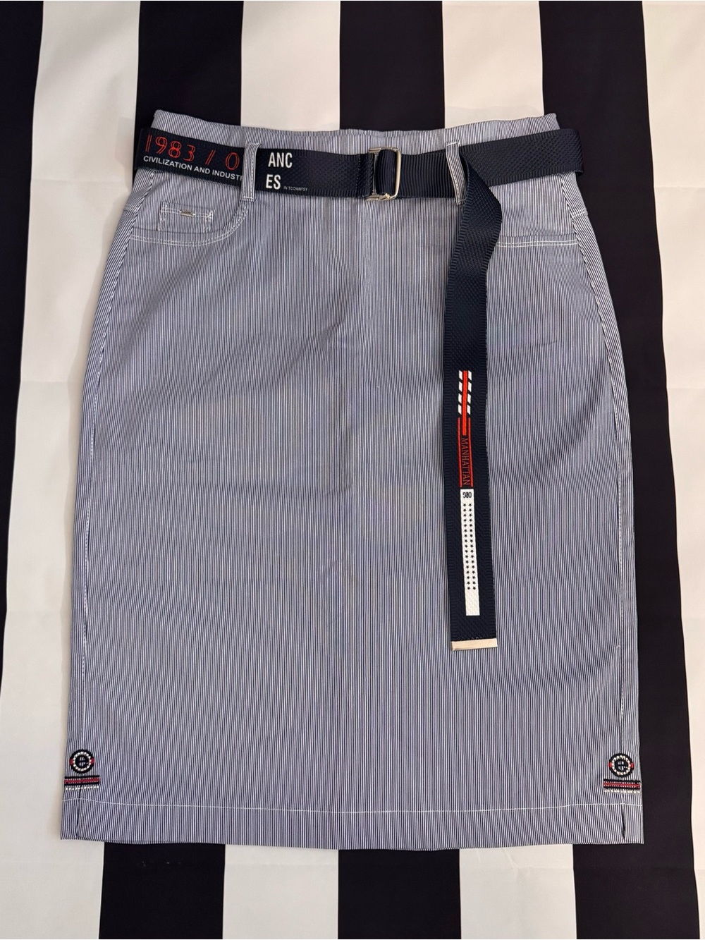 Light Blue and White Pencil Skirt with Navy Web Belt